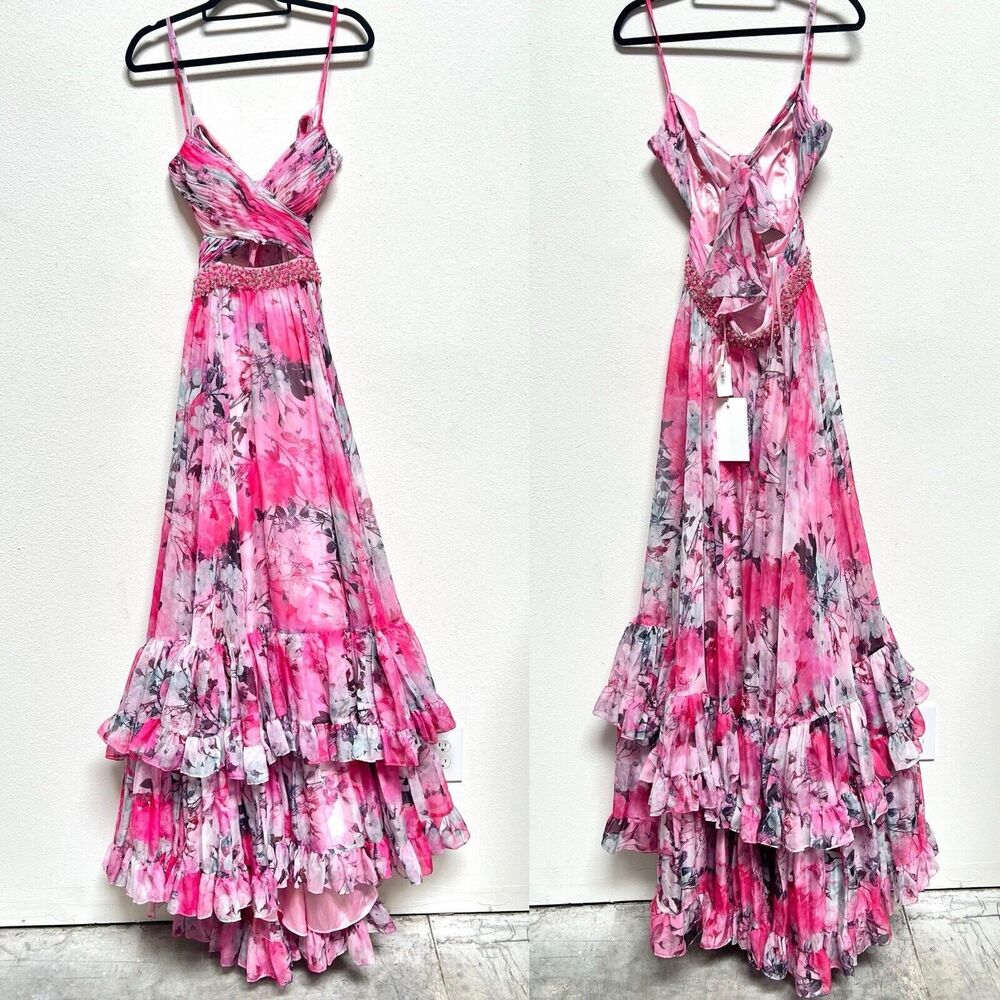 Mac Duggal UNRELEASED RARE Style Cut-Out Floral Tiered Pink Dress Size 2